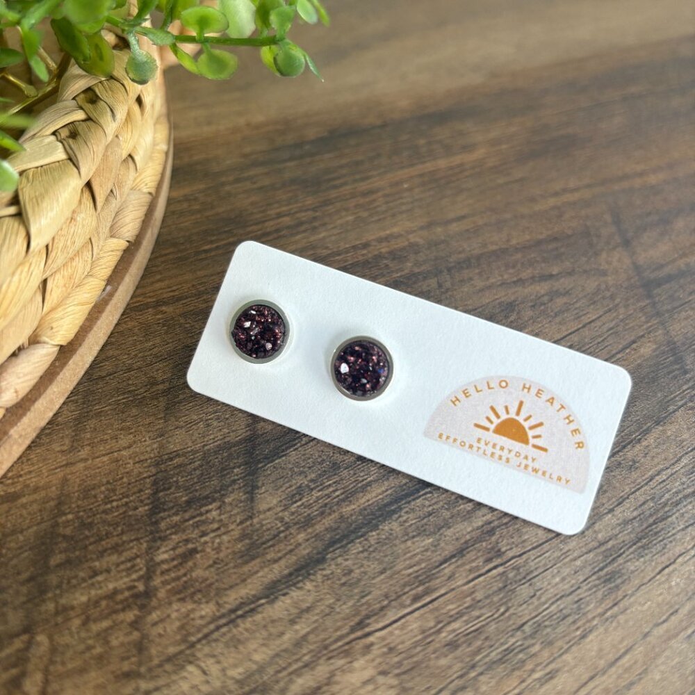 🆕 Druzy Brown with Red Sparkle on Silver Stud Earrings